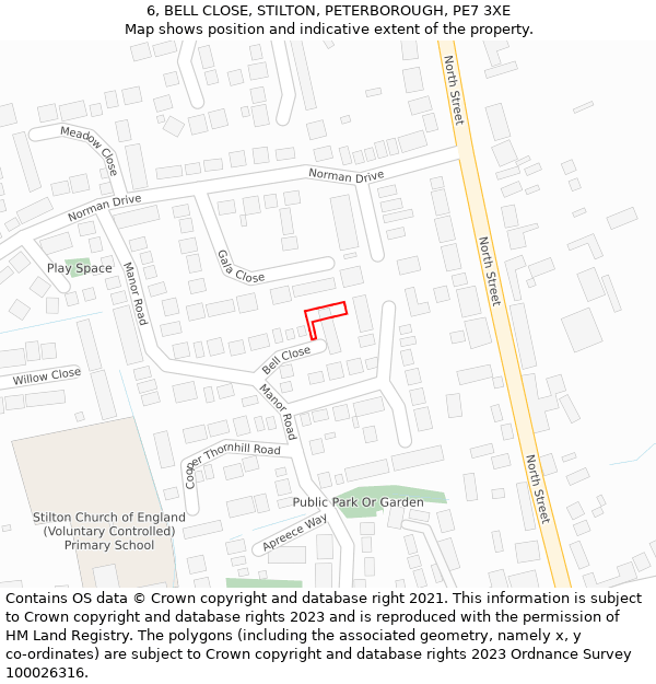 6, BELL CLOSE, STILTON, PETERBOROUGH, PE7 3XE: Location map and indicative extent of plot