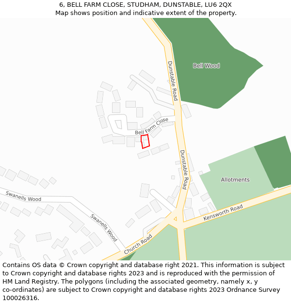 6, BELL FARM CLOSE, STUDHAM, DUNSTABLE, LU6 2QX: Location map and indicative extent of plot