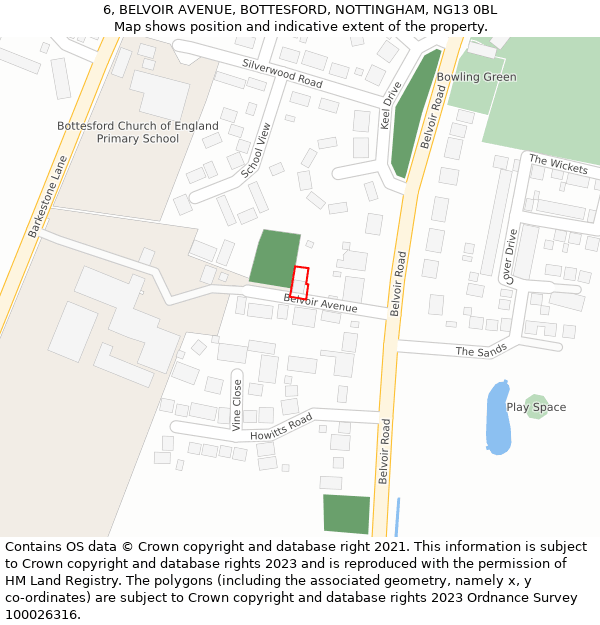 6, BELVOIR AVENUE, BOTTESFORD, NOTTINGHAM, NG13 0BL: Location map and indicative extent of plot