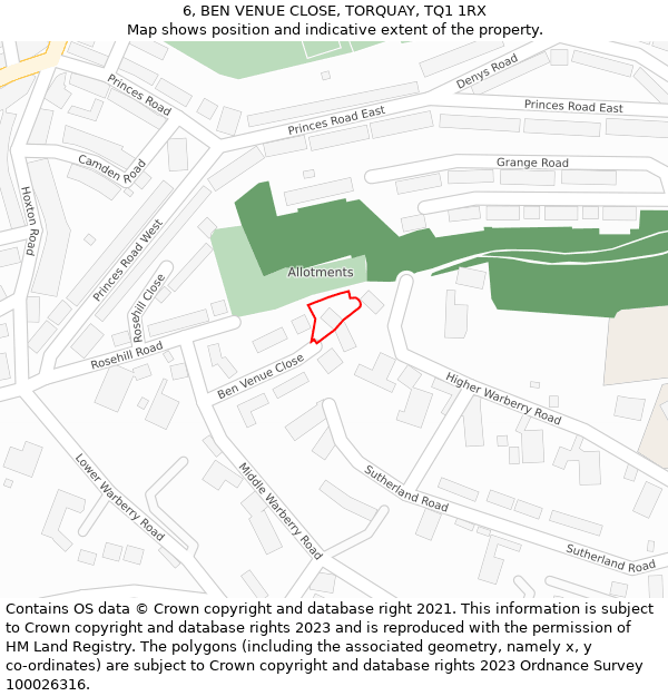 6, BEN VENUE CLOSE, TORQUAY, TQ1 1RX: Location map and indicative extent of plot