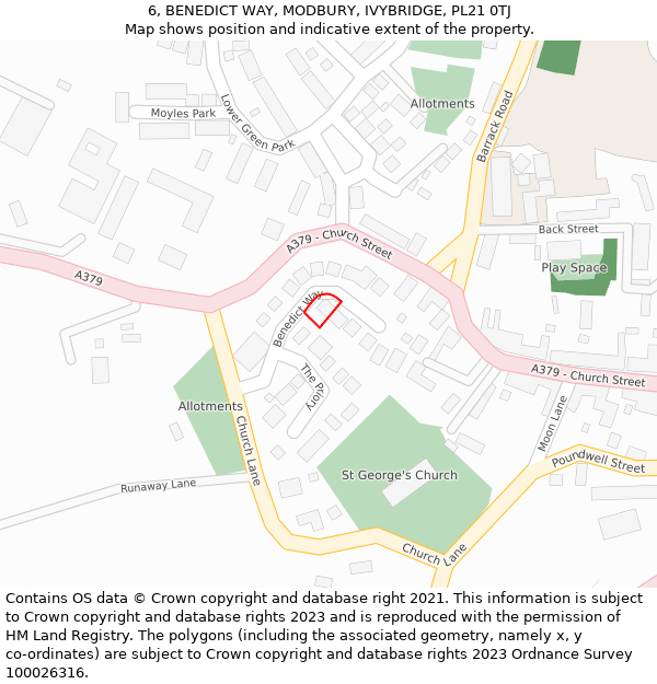 6, BENEDICT WAY, MODBURY, IVYBRIDGE, PL21 0TJ: Location map and indicative extent of plot