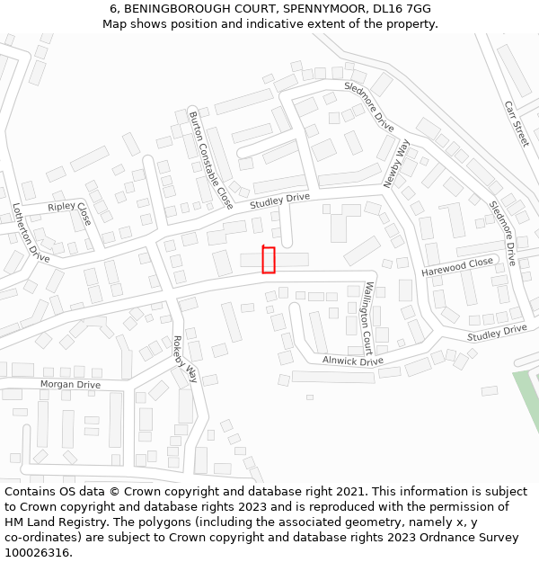 6, BENINGBOROUGH COURT, SPENNYMOOR, DL16 7GG: Location map and indicative extent of plot