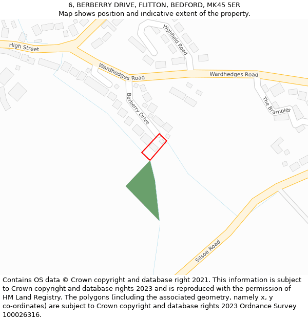 6, BERBERRY DRIVE, FLITTON, BEDFORD, MK45 5ER: Location map and indicative extent of plot