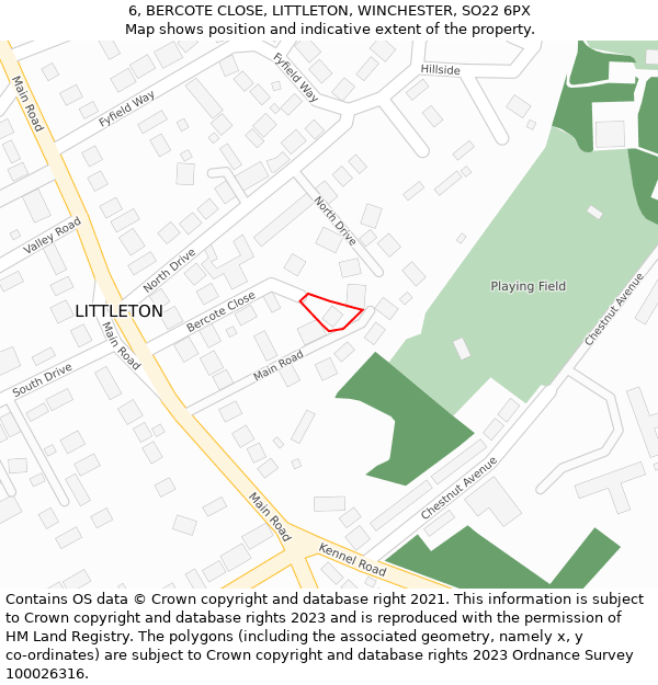 6, BERCOTE CLOSE, LITTLETON, WINCHESTER, SO22 6PX: Location map and indicative extent of plot