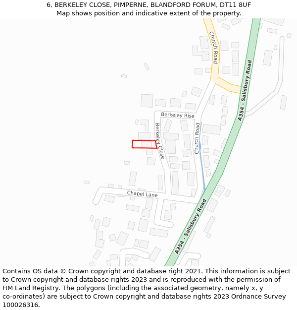 6, BERKELEY CLOSE, PIMPERNE, BLANDFORD FORUM, DT11 8UF: Location map and indicative extent of plot