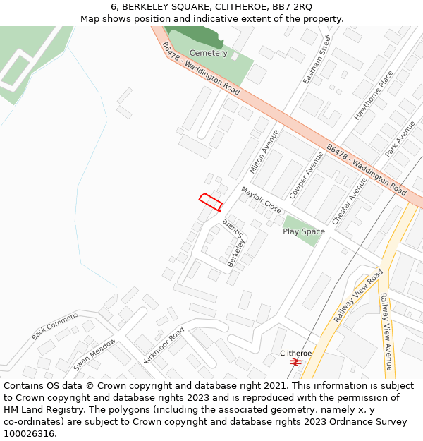 6, BERKELEY SQUARE, CLITHEROE, BB7 2RQ: Location map and indicative extent of plot