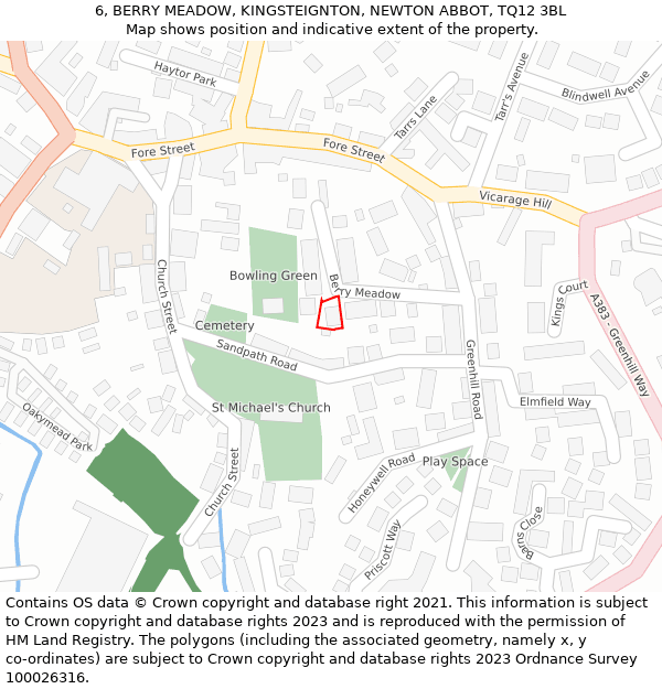 6, BERRY MEADOW, KINGSTEIGNTON, NEWTON ABBOT, TQ12 3BL: Location map and indicative extent of plot
