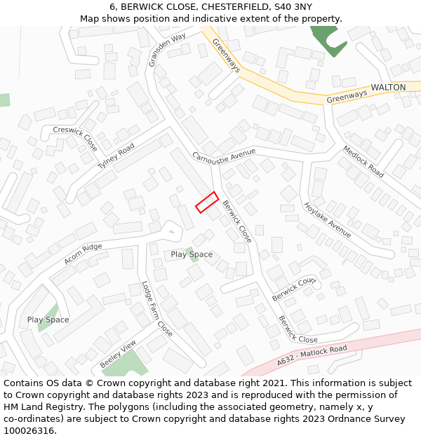 6, BERWICK CLOSE, CHESTERFIELD, S40 3NY: Location map and indicative extent of plot