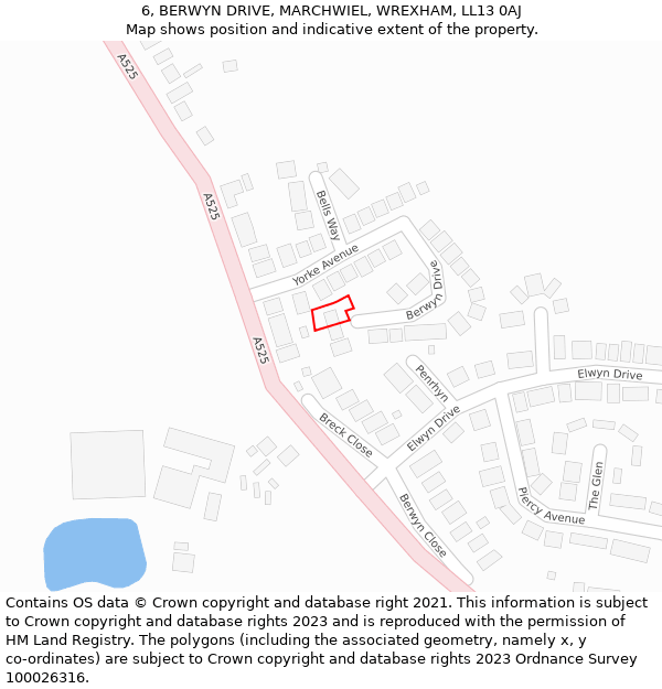 6, BERWYN DRIVE, MARCHWIEL, WREXHAM, LL13 0AJ: Location map and indicative extent of plot