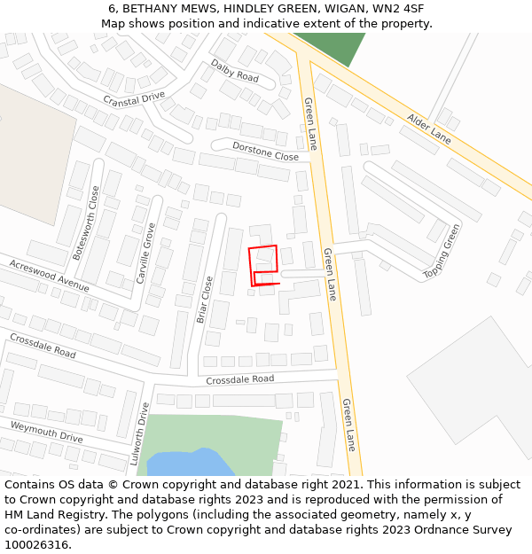 6, BETHANY MEWS, HINDLEY GREEN, WIGAN, WN2 4SF: Location map and indicative extent of plot