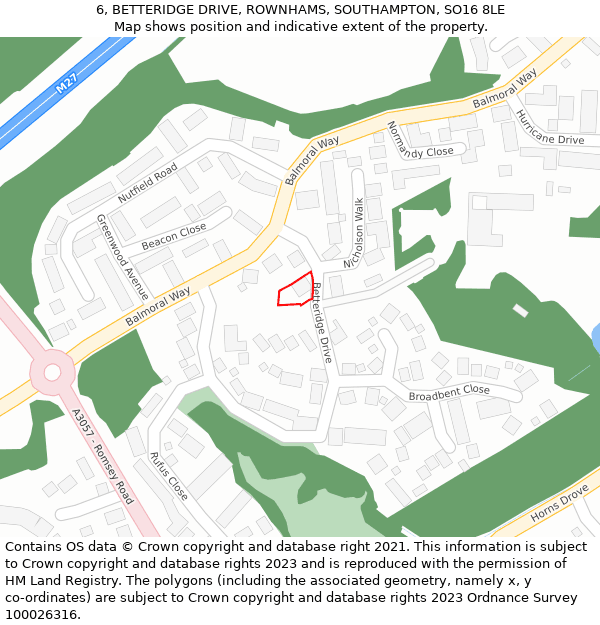 6, BETTERIDGE DRIVE, ROWNHAMS, SOUTHAMPTON, SO16 8LE: Location map and indicative extent of plot