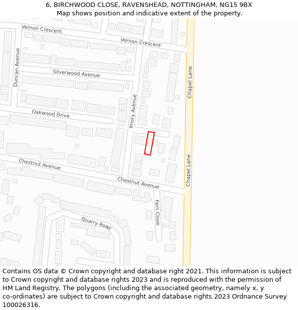 6, BIRCHWOOD CLOSE, RAVENSHEAD, NOTTINGHAM, NG15 9BX: Location map and indicative extent of plot