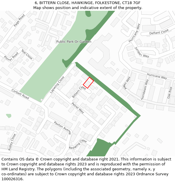 6, BITTERN CLOSE, HAWKINGE, FOLKESTONE, CT18 7GF: Location map and indicative extent of plot