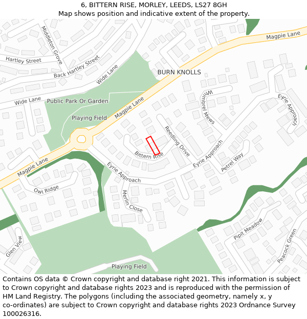 6, BITTERN RISE, MORLEY, LEEDS, LS27 8GH: Location map and indicative extent of plot