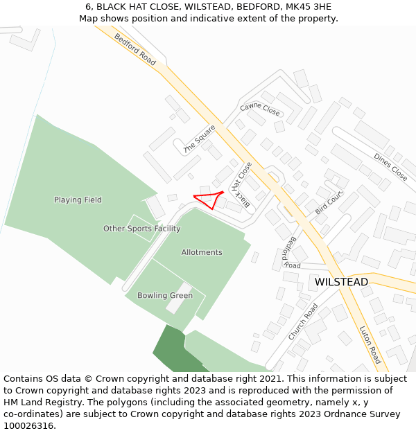 6, BLACK HAT CLOSE, WILSTEAD, BEDFORD, MK45 3HE: Location map and indicative extent of plot