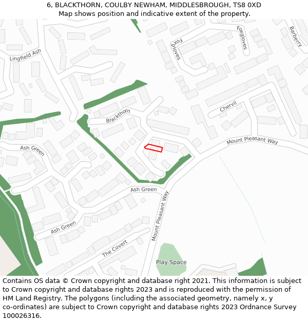 6, BLACKTHORN, COULBY NEWHAM, MIDDLESBROUGH, TS8 0XD: Location map and indicative extent of plot