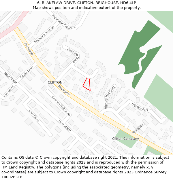 6, BLAKELAW DRIVE, CLIFTON, BRIGHOUSE, HD6 4LP: Location map and indicative extent of plot