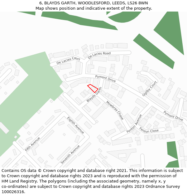 6, BLAYDS GARTH, WOODLESFORD, LEEDS, LS26 8WN: Location map and indicative extent of plot