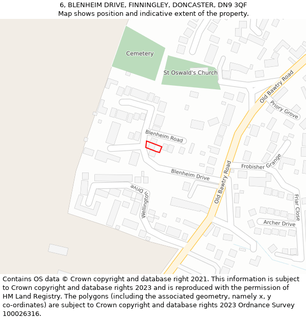 6, BLENHEIM DRIVE, FINNINGLEY, DONCASTER, DN9 3QF: Location map and indicative extent of plot