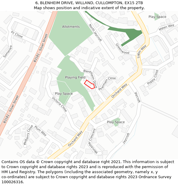 6, BLENHEIM DRIVE, WILLAND, CULLOMPTON, EX15 2TB: Location map and indicative extent of plot