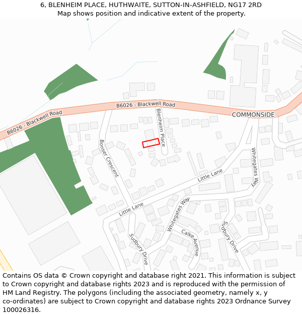 6, BLENHEIM PLACE, HUTHWAITE, SUTTON-IN-ASHFIELD, NG17 2RD: Location map and indicative extent of plot