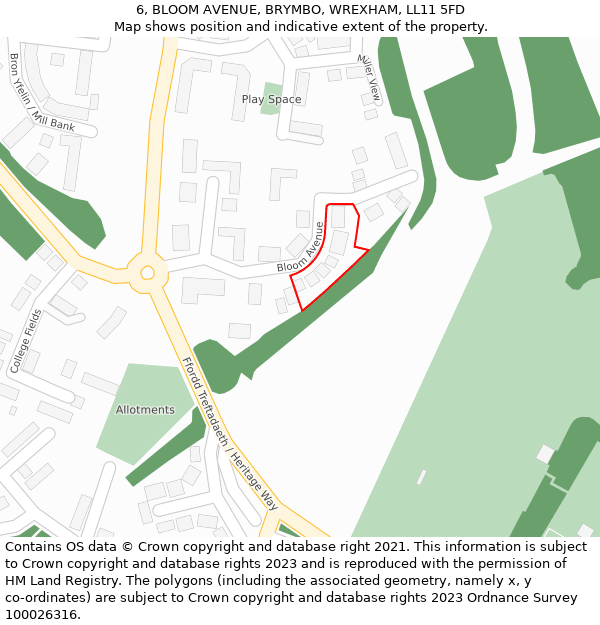 6, BLOOM AVENUE, BRYMBO, WREXHAM, LL11 5FD: Location map and indicative extent of plot
