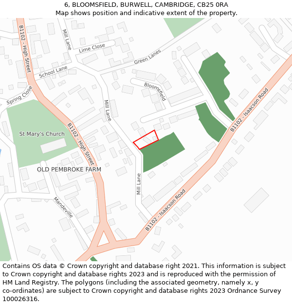 6, BLOOMSFIELD, BURWELL, CAMBRIDGE, CB25 0RA: Location map and indicative extent of plot