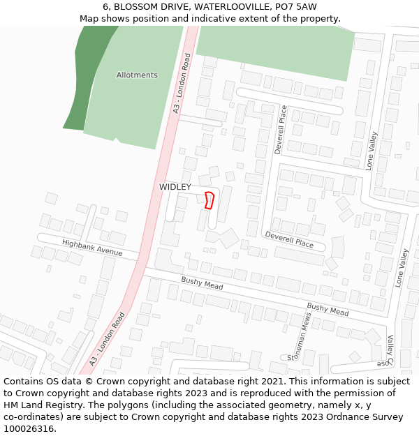 6, BLOSSOM DRIVE, WATERLOOVILLE, PO7 5AW: Location map and indicative extent of plot
