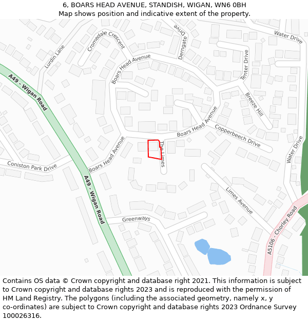 6, BOARS HEAD AVENUE, STANDISH, WIGAN, WN6 0BH: Location map and indicative extent of plot