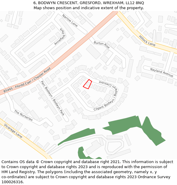 6, BODWYN CRESCENT, GRESFORD, WREXHAM, LL12 8NQ: Location map and indicative extent of plot