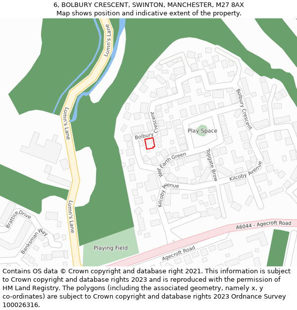 6, BOLBURY CRESCENT, SWINTON, MANCHESTER, M27 8AX: Location map and indicative extent of plot