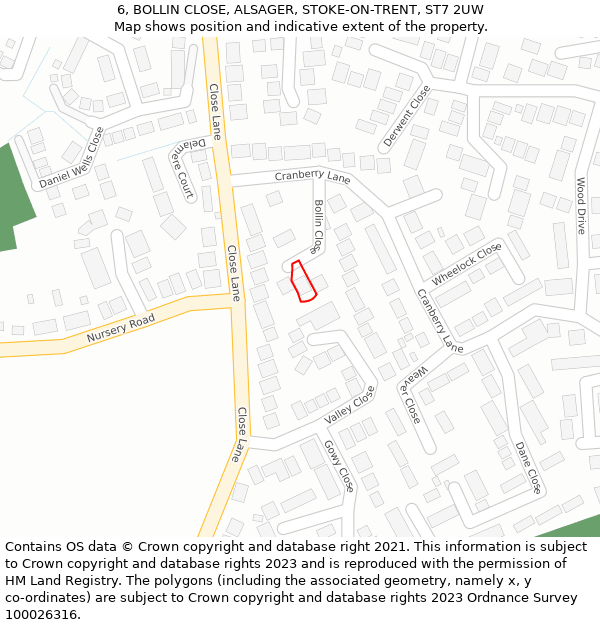 6, BOLLIN CLOSE, ALSAGER, STOKE-ON-TRENT, ST7 2UW: Location map and indicative extent of plot