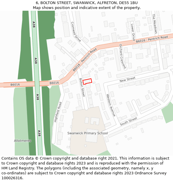 6, BOLTON STREET, SWANWICK, ALFRETON, DE55 1BU: Location map and indicative extent of plot