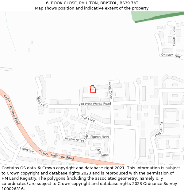 6, BOOK CLOSE, PAULTON, BRISTOL, BS39 7AT: Location map and indicative extent of plot