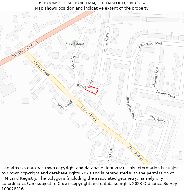 6, BOONS CLOSE, BOREHAM, CHELMSFORD, CM3 3GX: Location map and indicative extent of plot