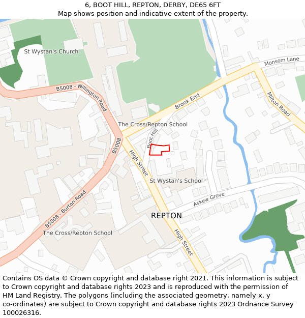 6, BOOT HILL, REPTON, DERBY, DE65 6FT: Location map and indicative extent of plot