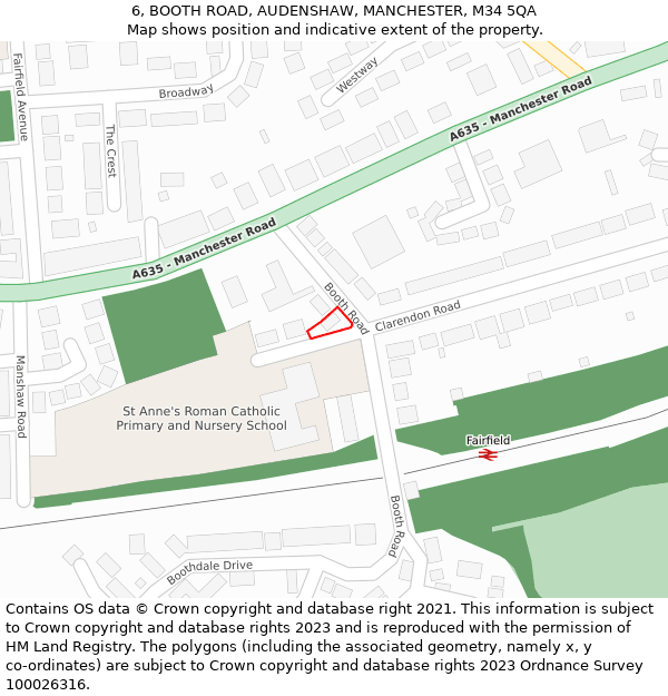 6, BOOTH ROAD, AUDENSHAW, MANCHESTER, M34 5QA: Location map and indicative extent of plot