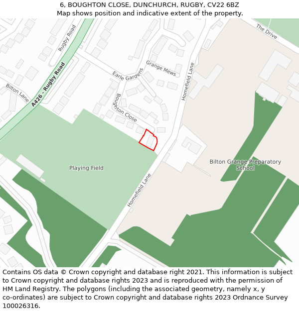 6, BOUGHTON CLOSE, DUNCHURCH, RUGBY, CV22 6BZ: Location map and indicative extent of plot