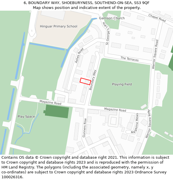 6, BOUNDARY WAY, SHOEBURYNESS, SOUTHEND-ON-SEA, SS3 9QF: Location map and indicative extent of plot