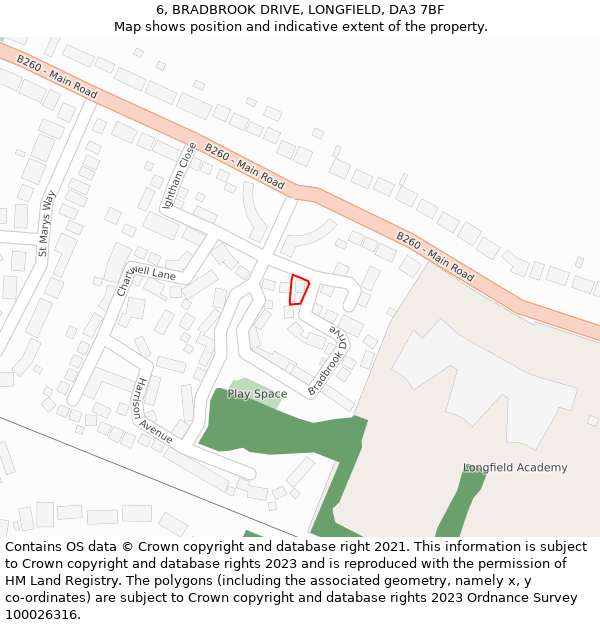 6, BRADBROOK DRIVE, LONGFIELD, DA3 7BF: Location map and indicative extent of plot