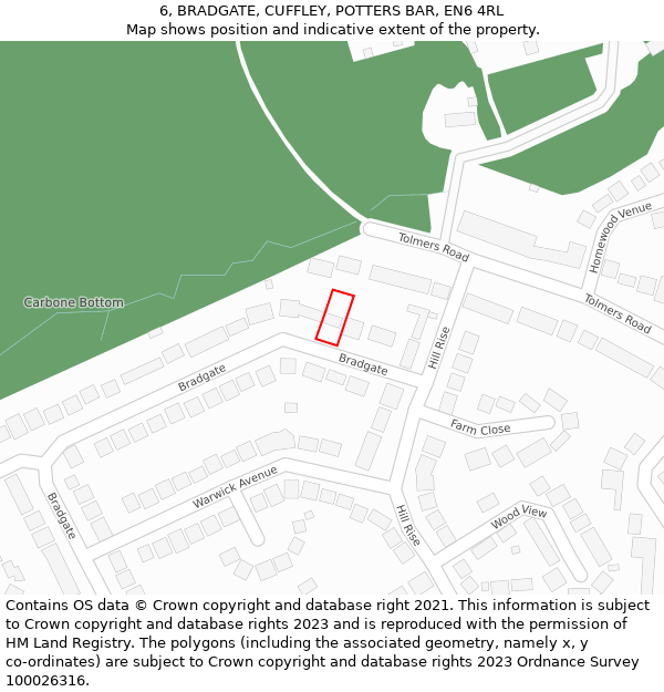 6, BRADGATE, CUFFLEY, POTTERS BAR, EN6 4RL: Location map and indicative extent of plot