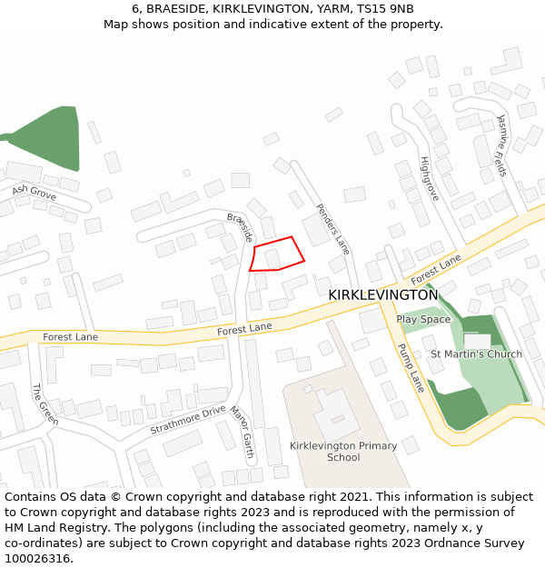 6, BRAESIDE, KIRKLEVINGTON, YARM, TS15 9NB: Location map and indicative extent of plot