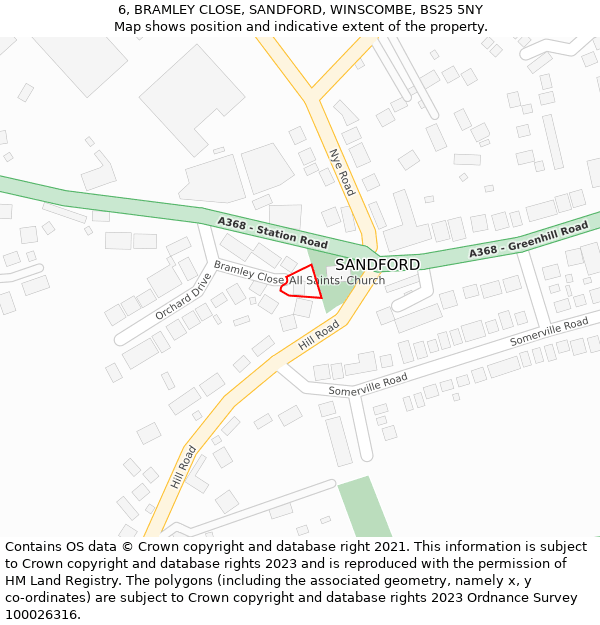 6, BRAMLEY CLOSE, SANDFORD, WINSCOMBE, BS25 5NY: Location map and indicative extent of plot