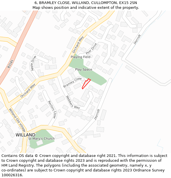 6, BRAMLEY CLOSE, WILLAND, CULLOMPTON, EX15 2SN: Location map and indicative extent of plot