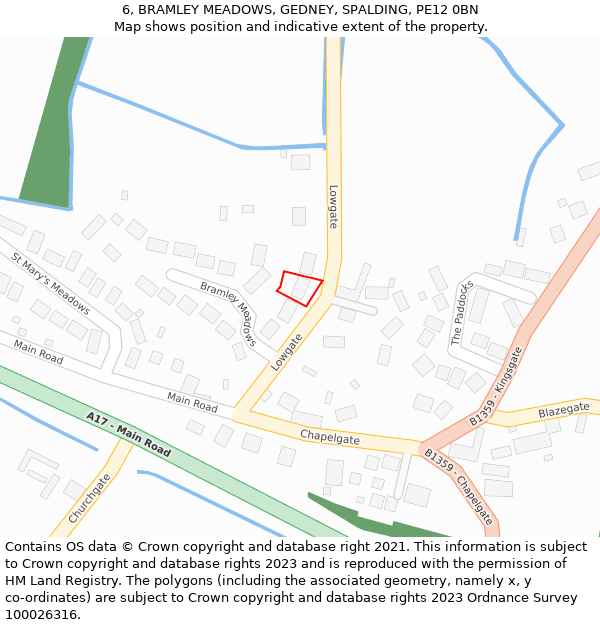 6, BRAMLEY MEADOWS, GEDNEY, SPALDING, PE12 0BN: Location map and indicative extent of plot