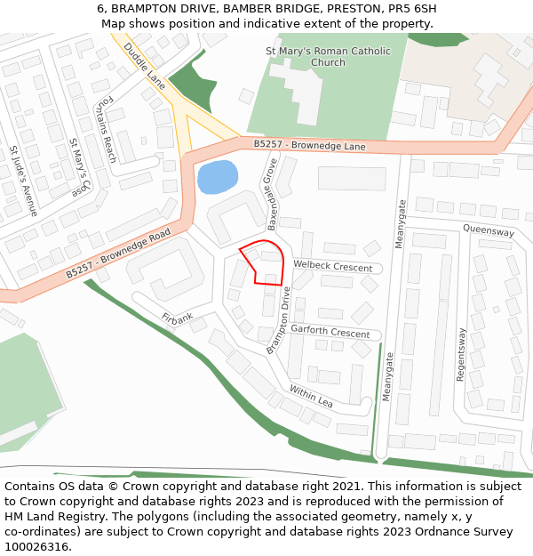 6, BRAMPTON DRIVE, BAMBER BRIDGE, PRESTON, PR5 6SH: Location map and indicative extent of plot