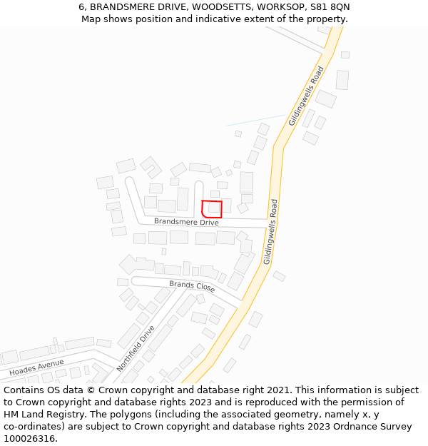 6, BRANDSMERE DRIVE, WOODSETTS, WORKSOP, S81 8QN: Location map and indicative extent of plot