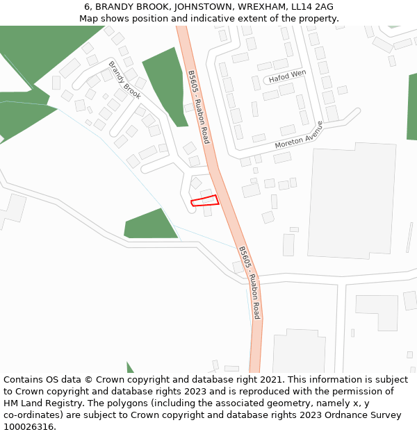 6, BRANDY BROOK, JOHNSTOWN, WREXHAM, LL14 2AG: Location map and indicative extent of plot