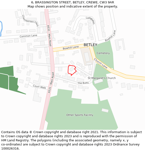6, BRASSINGTON STREET, BETLEY, CREWE, CW3 9AR: Location map and indicative extent of plot