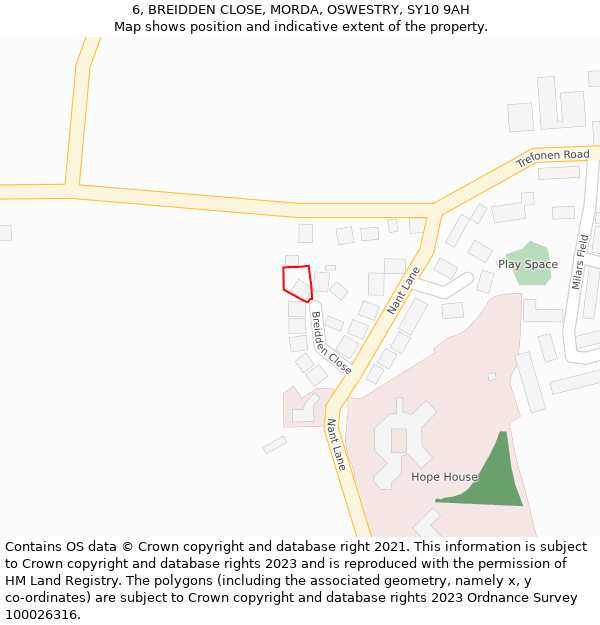 6, BREIDDEN CLOSE, MORDA, OSWESTRY, SY10 9AH: Location map and indicative extent of plot
